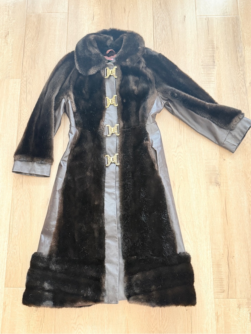 Vintage 70s Made In Great Britain Faux Fur & Leather Long Coat Gold Metal Clasps